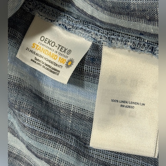 Lands End Women 1X(16W-18W) Blue Striped Linen 3/4 Sleeve Tunic Pockets Top - Picture 4 of 13